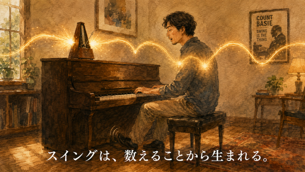 暖かな光の部屋で、男性がピアノの上のメトロノームに合わせて声に出してカウントしながら演奏する水彩アニメ風イラスト。メトロノームから2つ、演奏者の胸から2つの黄金の拍が交互に広がって跳ねるような動きを描き、下部中央に「スイングは、数えることから生まれる。」の白いテキスト。