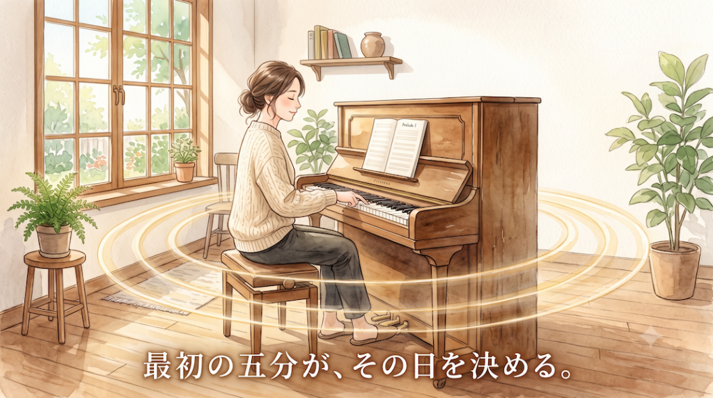 朝の光が差し込む部屋で、女性が練習の最初に鍵盤を一音だけ押し、その響きに目を閉じて耳を澄ます水彩アニメ風イラスト。一つの黄金の波紋が広がり、やがて部屋いっぱいの音の波へと育っていく。下部中央に「最初の五分が、その日を決める。」の白いテキスト。