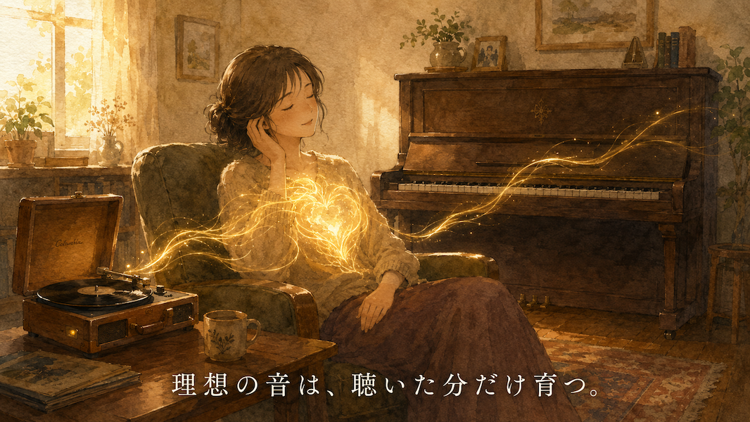 暖かな午後の光の部屋で、女性が閉じたピアノのそばの椅子に座り、レコードプレーヤーの音に目を閉じて深く聴き入る水彩アニメ風イラスト。黄金の音の波が彼女の胸元で形を成しつつある光となり、下部中央に「理想の音は、聴いた分だけ育つ。」の白いテキスト。