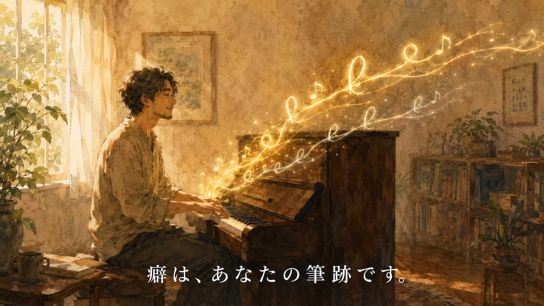 暖かな光の部屋で、男性が穏やかな表情でピアノを弾き、そこから生まれる黄金の音が独特のカーブを繰り返す手書きの署名のような線を描く水彩アニメ風イラスト。隣にもう一本の細い光の線が並走し、下部中央に「癖は、あなたの筆跡です。」の白いテキスト。