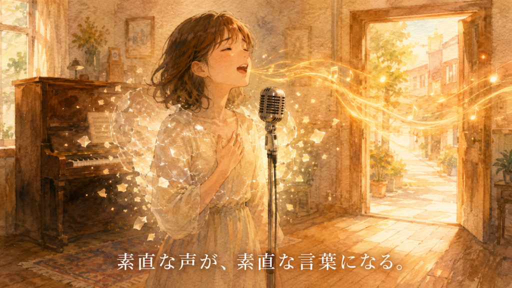 暖かな光の部屋で、女性が胸に手を当てて素直な表情で歌い、肩を覆っていた薄い光の殻が解けて粒子になって散る水彩アニメ風イラスト。黄金の声の波が前方の開いた扉へと流れ、下部中央に「素直な声が、素直な言葉になる。」の白いテキスト。