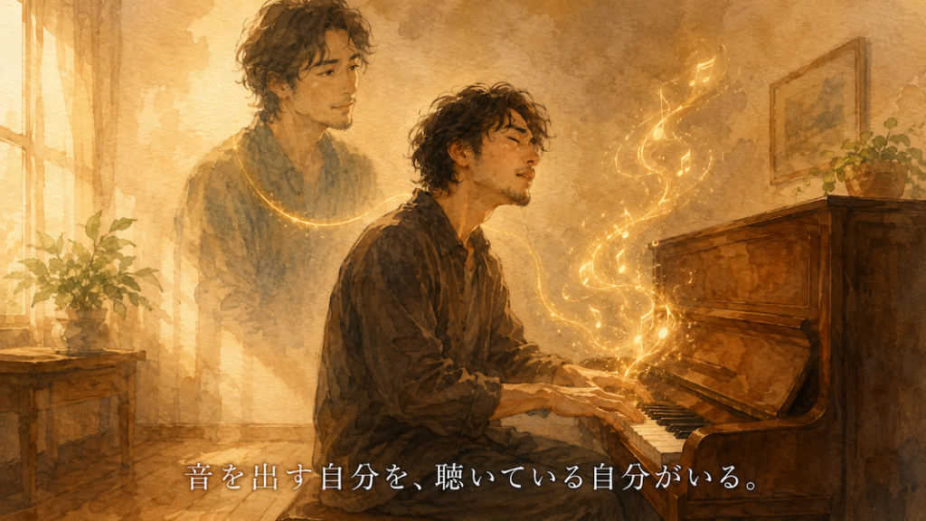 暖かな光の部屋で、男性がピアノに没頭して演奏する背後に、その姿を静かに観察するもう一人の半透明の自分が描かれた水彩アニメ風イラスト。二人を黄金の糸が繋ぎ、下部中央に「音を出す自分を、聴いている自分がいる。」の白いテキスト。