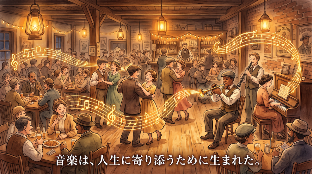 暖かなランプの光に包まれた20世紀初頭のニューオーリンズ風の酒場で、様々な人々が食事や会話やダンスを楽しみ、その中で楽器を演奏する音楽家から黄金の音符が部屋全体に広がる水彩アニメ風イラスト。下部中央に「音楽は、人生に寄り添うために生まれた。」の白いテキスト。