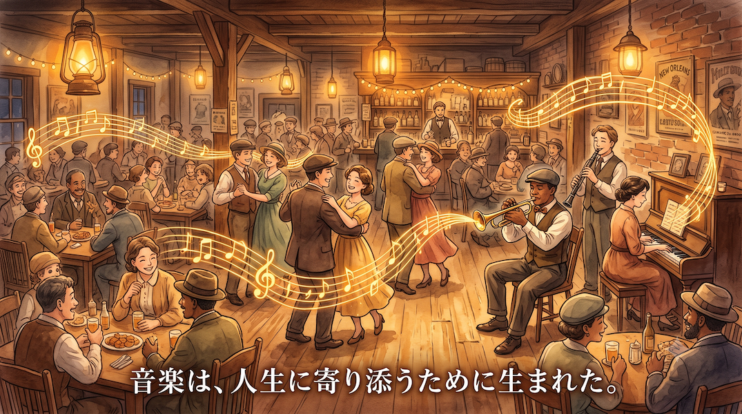 暖かなランプの光に包まれた20世紀初頭のニューオーリンズ風の酒場で、様々な人々が食事や会話やダンスを楽しみ、その中で楽器を演奏する音楽家から黄金の音符が部屋全体に広がる水彩アニメ風イラスト。下部中央に「音楽は、人生に寄り添うために生まれた。」の白いテキスト。