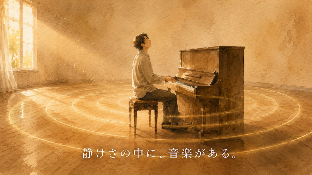 午後の柔らかな光が差し込む静かな部屋で、男性がピアノの鍵盤から手を離し、消えていく余韻に耳を澄ませる水彩アニメ風イラスト。まばらな黄金の波紋が広い余白の中に静かに広がり、下部中央に「静けさの中に、音楽がある。」の白いテキスト。