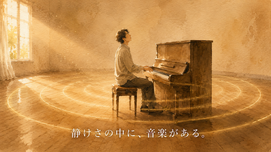 午後の柔らかな光が差し込む静かな部屋で、男性がピアノの鍵盤から手を離し、消えていく余韻に耳を澄ませる水彩アニメ風イラスト。まばらな黄金の波紋が広い余白の中に静かに広がり、下部中央に「静けさの中に、音楽がある。」の白いテキスト。