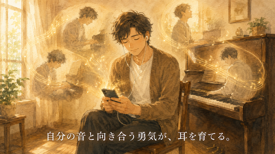 暖かな光の部屋で、男性がイヤホンで自分の演奏の録音を聴き、緊張がほどけて微笑む水彩アニメ風イラスト。スマートフォンから黄金の音波が立ち上り、その中に演奏する自分の姿が淡く浮かび、下部中央に「自分の音と向き合う勇気が、耳を育てる。」の白いテキスト。