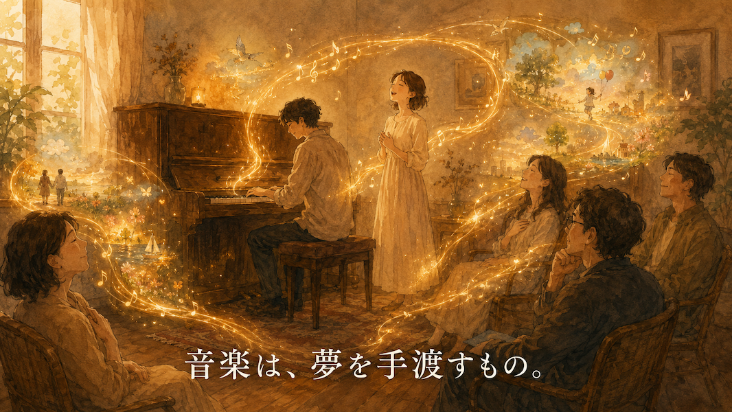 暖かな光の音楽室で、大人の演奏者が一台のアップライトピアノを弾き、そばで大人の歌い手が静かに歌っている水彩アニメ風イラスト。聴いている人たちへ黄金の音の糸が届き、夢や希望、記憶のような柔らかな光景へ変わっている。光は演奏者にも戻り、下部中央に「音楽は、夢を手渡すもの。」という白い文字が入っている。