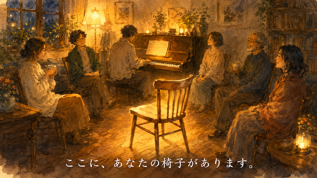 暖かな光の部屋で、年齢の異なる大人たちが上下関係なく輪になって music を楽しみ、手前に誰かを待つ空の木の椅子が置かれた水彩アニメ風イラスト。黄金の光が輪と空席を包み込み、下部中央に「ここに、あなたの椅子があります。」の白いテキスト。