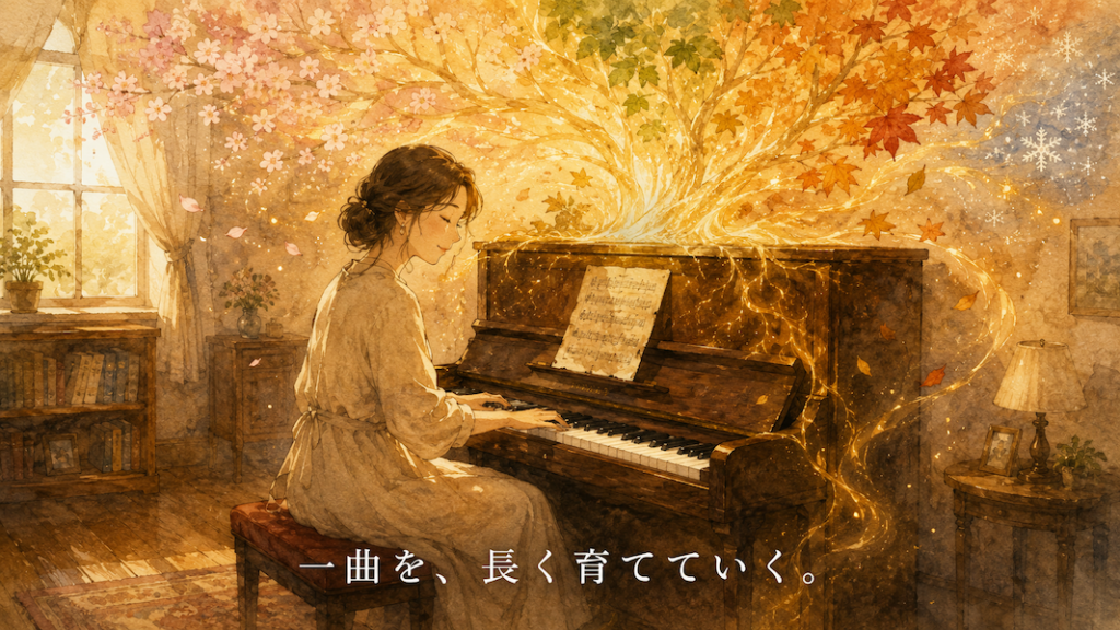 暖かな光の部屋で、女性が使い込まれた一枚の楽譜を前に、長年親しんだ一曲を穏やかな表情で弾く水彩アニメ風イラスト。ピアノから深く根を張った木のような黄金の光が育ち、四季の移ろいが漂い、下部中央に「一曲を、長く育てていく。」の白いテキスト。