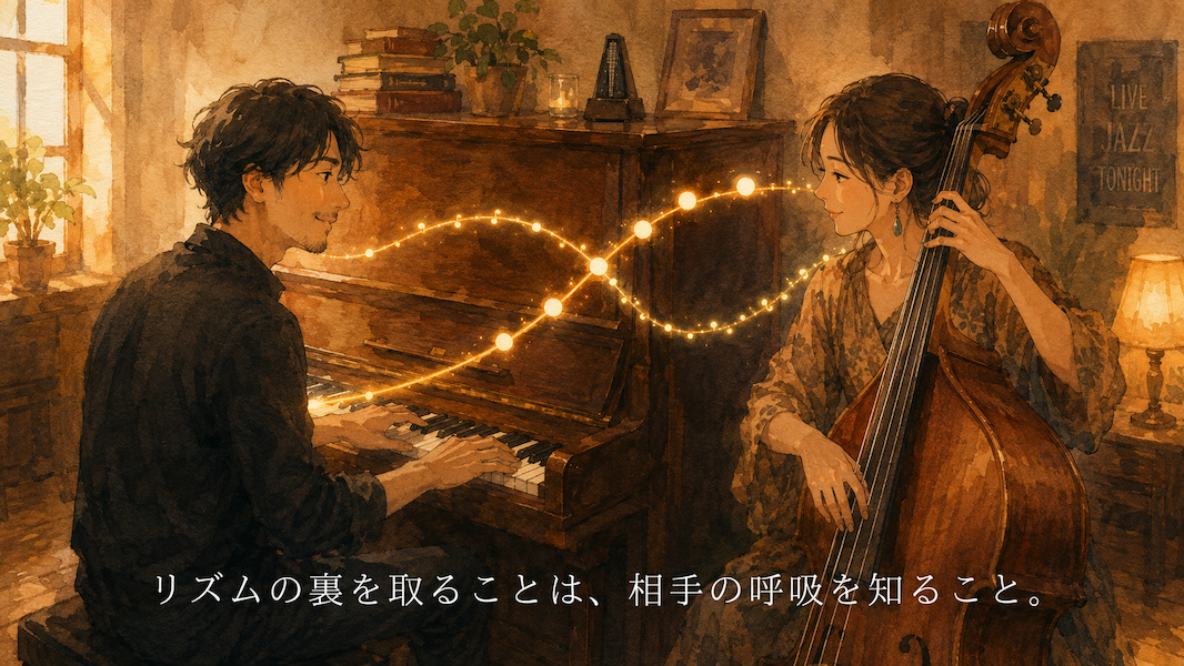 暖かな光の部屋で、男性のピアノと女性のベースが向かい合い、互いの呼吸を感じ合いながら演奏する水彩アニメ風イラスト。表拍と裏拍を表す二つの黄金の光が少しずれながら絡み合い、下部中央に「リズムの裏を取ることは、相手の呼吸を知ること。」の白いテキスト。
