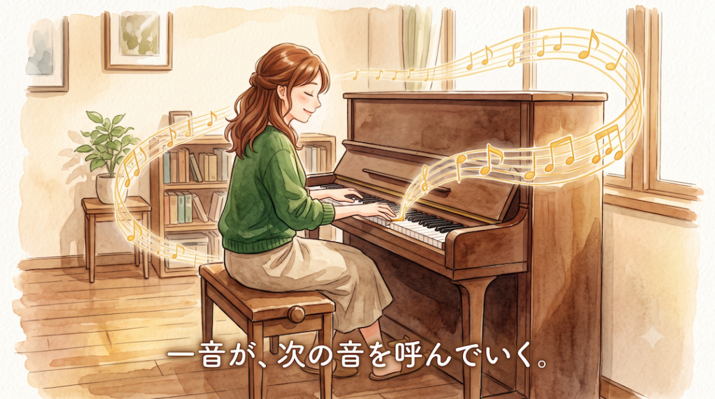 暖かな光の部屋で、女性が楽譜のない譜面台の前でピアノを自由に楽しそうに弾き、一音から次の音が自然に生まれる黄金の音符の連鎖が空中を流れる水彩アニメ風イラスト。下部中央に「一音が、次の音を呼んでいく。」の白いテキスト。
