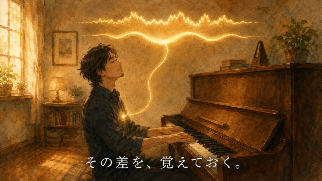 暖かな光の部屋で、男性が鍵盤に手を置いたまま自分の出した音に耳を澄ます水彩アニメ風イラスト。上空に実際の音と理想の音を表す二つの黄金の波形が少しずれて浮かび、その隙間が光り、細い光の糸が胸元へ伸びる。下部中央に「その差を、覚えておく。」の白いテキスト。