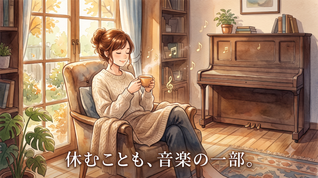 午後の柔らかな光が差し込む部屋で、女性が窓辺の椅子に座り温かいお茶を手に目を閉じて安らぐ水彩アニメ風イラスト。奥には使われていないピアノが静かに置かれ、まばらな音符が穏やかに漂い、下部中央に「休むことも、音楽の一部。」の白いテキスト。