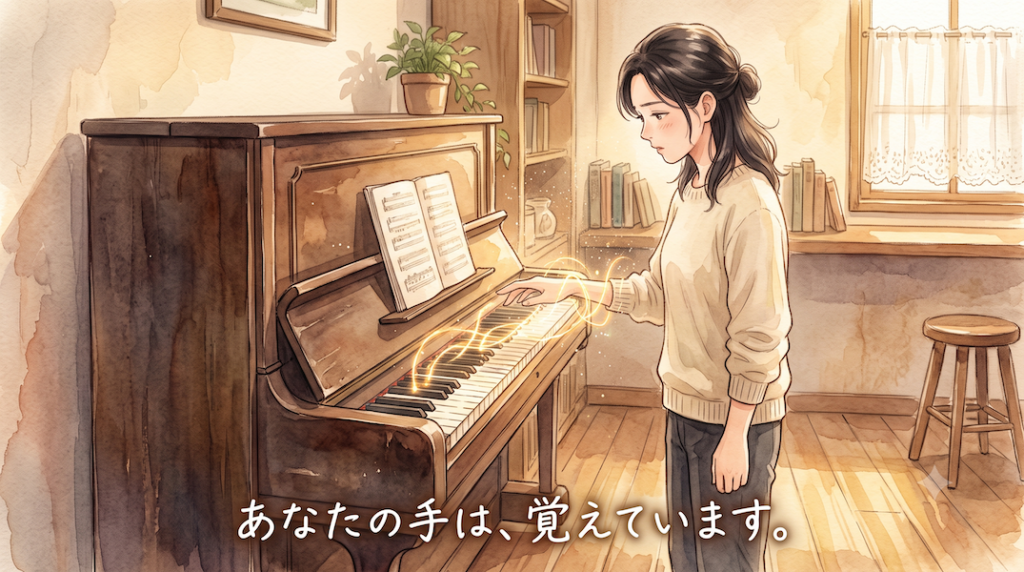 午後の光の部屋で、女性がピアノの蓋を開け、鍵盤の上に手をかざしてためらう水彩アニメ風イラスト。鍵盤から柔らかな黄金の光が立ちのぼって彼女の手を包み、下部中央に「あなたの手は、覚えています。」の白いテキスト。