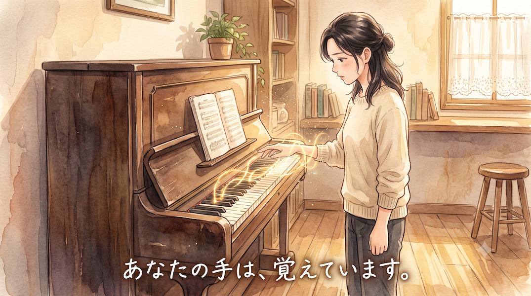 午後の光の部屋で、女性がピアノの蓋を開け、鍵盤の上に手をかざしてためらう水彩アニメ風イラスト。鍵盤から柔らかな黄金の光が立ちのぼって彼女の手を包み、下部中央に「あなたの手は、覚えています。」の白いテキスト。