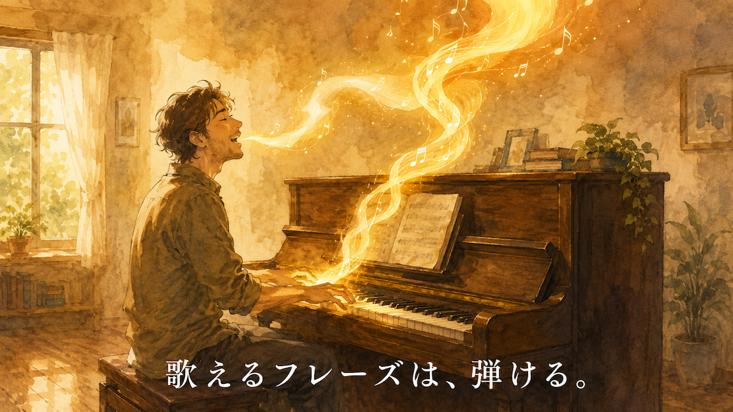 暖かな光の部屋で、男性がピアノを弾きながら声に出して歌う水彩アニメ風イラスト。手から立ちのぼる輪郭のはっきりした光と、口から流れる息を感じさせる柔らかな光が空中で編み合わさり、下部中央に「歌えるフレーズは、弾ける。」の白いテキスト。