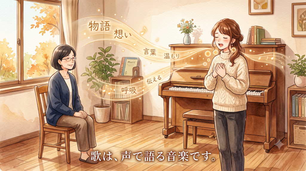 暖かな光の音楽室で、大人の歌い手が一台のアップライトピアノのそばに立ち、声で物語を語るように静かに歌っている水彩アニメ風イラスト。歌い手の胸元と口元から黄金の音の波が広がり、言葉、息、感情、フレーズの形となって部屋に流れている。そばには穏やかに聴く講師がいて、下部中央に「歌は、声で語る音楽です。」という白い文字が入っている。