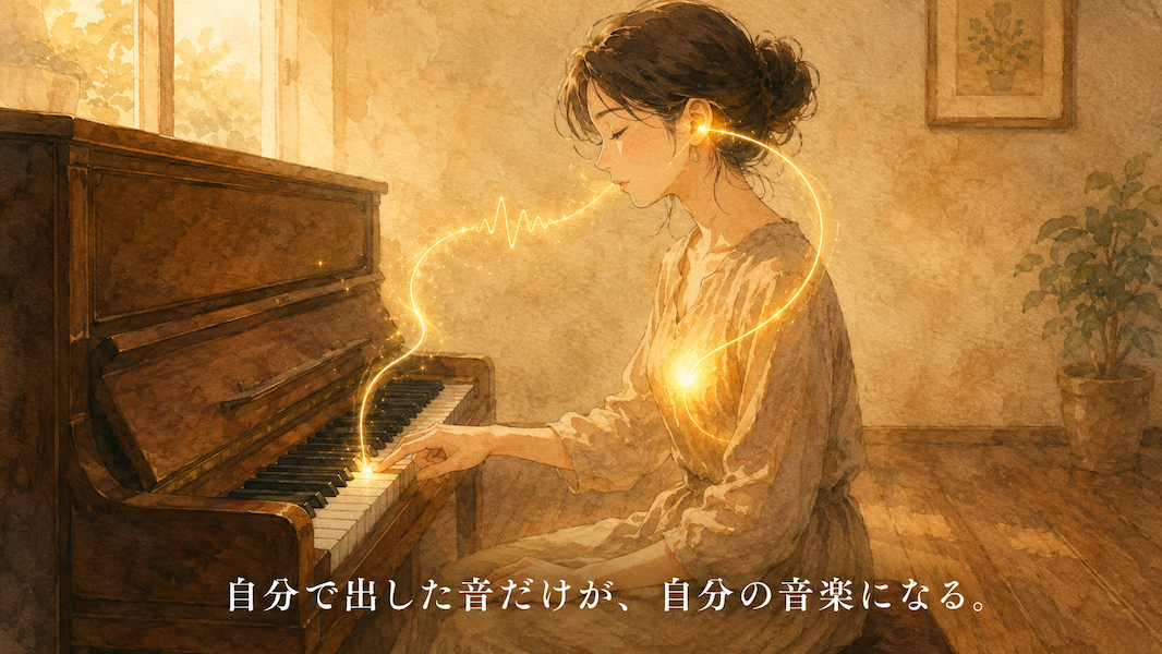 暖かな光の部屋で、女性が楽譜なしでピアノの鍵盤を一音押さえ、耳を澄ませて音を探す水彩アニメ風イラスト。鍵盤から立ち上る黄金の音の波が耳を通って胸へと流れる循環が描かれ、下部中央に「自分で出した音だけが、自分の音楽になる。」の白いテキスト。