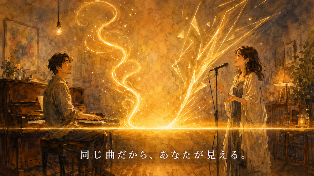 暖かな光の部屋で、ピアノを弾く男性と歌う女性が音楽を通じて向き合う水彩アニメ風イラスト。二人の下に共通の土台となる黄金の帯が横に伸び、そこから形の異なる二本の光が立ち上がる。下部中央に「同じ曲だから、あなたが見える。」の白いテキスト。
