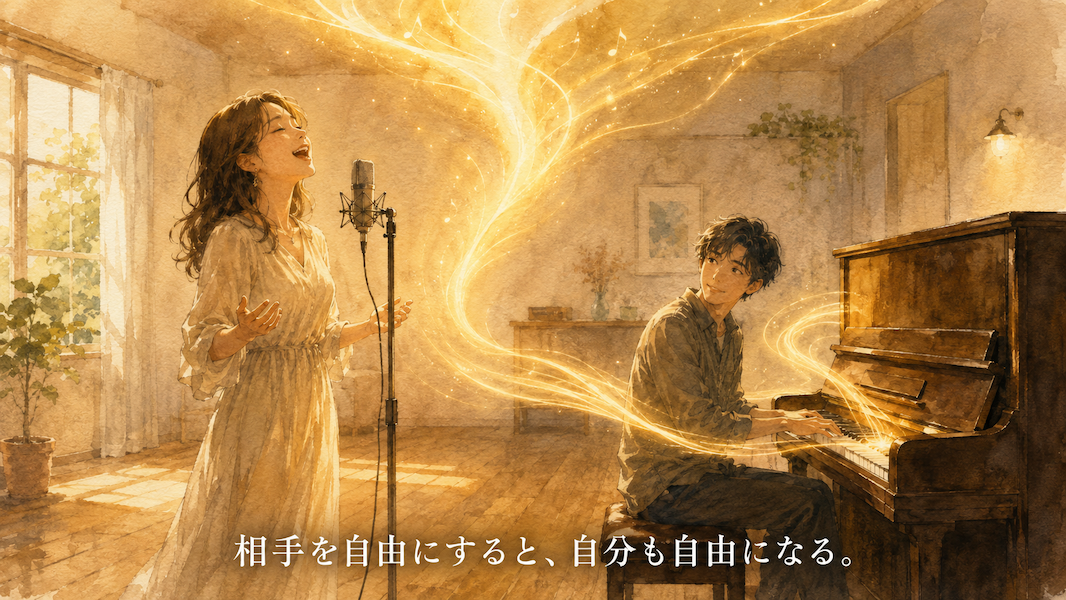 暖かな光の部屋で、女性が伸びやかに歌い、男性がその声に耳を傾けながら控えめにピアノで伴奏する水彩アニメ風イラスト。ピアノの黄金の光が歌声の光を邪魔せず包み込むように流れ、下部中央に「相手を自由にすると、自分も自由になる。」の白いテキスト。