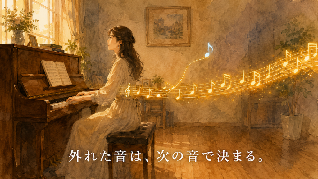 暖かな光の部屋で、女性が手を止めずにピアノを弾き続ける水彩アニメ風イラスト。流れる黄金の音符の列から一つだけ外れた淡い音があり、それが光の糸で次の音とつながって意図した曲線に変わる。下部中央に「外れた音は、次の音で決まる。」の白いテキスト。