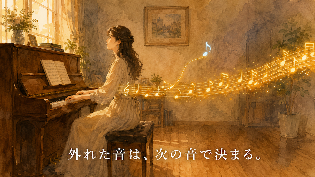 暖かな光の部屋で、女性が手を止めずにピアノを弾き続ける水彩アニメ風イラスト。流れる黄金の音符の列から一つだけ外れた淡い音があり、それが光の糸で次の音とつながって意図した曲線に変わる。下部中央に「外れた音は、次の音で決まる。」の白いテキスト。
