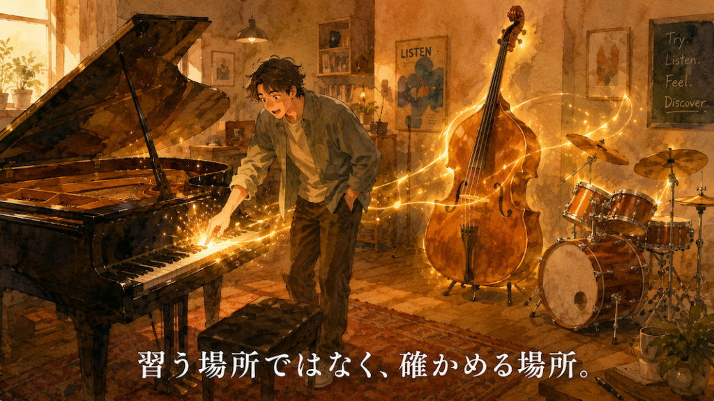 暖かな光のスタジオで、男性がグランドピアノの鍵盤を一つ押し、驚きと好奇心の表情を浮かべる水彩アニメ風イラスト。広がる黄金の光がコントラバスとドラムにも届いて響き合い、下部中央に「習う場所ではなく、確かめる場所。」の白いテキスト。