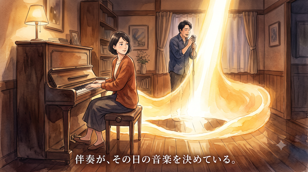 暖かな光の部屋で、女性ピアニストが歌い手に耳を傾けながら伴奏する水彩アニメ風イラスト。ピアノから広がる黄金の光が歌い手を支える床のように広がり、あえて空けられた隙間から歌声の光が最も明るく立ちのぼる。下部中央に「伴奏が、その日の音楽を決めている。」の白いテキスト。