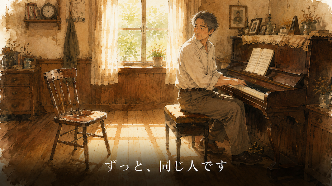 木の温もりのある部屋でアップライトピアノに向かい、かたわらに置かれた長年使い込まれた木の椅子のほうへ視線を向けている男性の水彩アニメ風イラスト。窓からの柔らかな光が二つの間の床に落ち、下部中央に「ずっと、同じ人です」の白いテキスト。