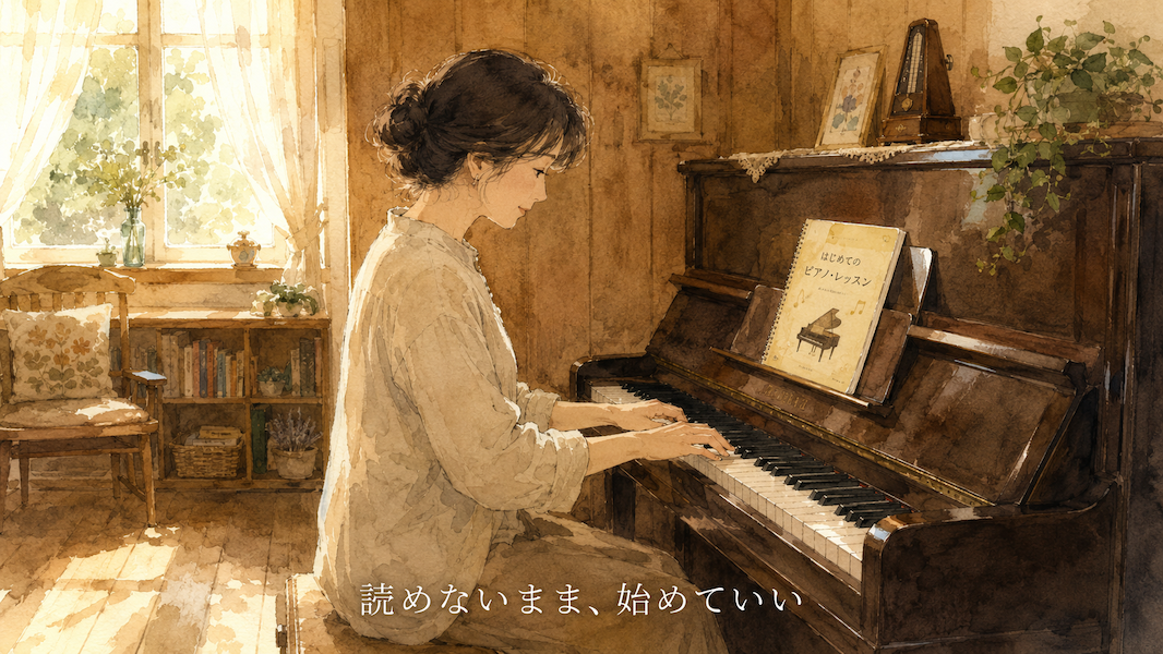 木の温もりのある部屋でアップライトピアノに向かい、鍵盤に置いた手もとを見つめる女性。譜面台には初心者向けの薄い教本が半分開いて置かれている