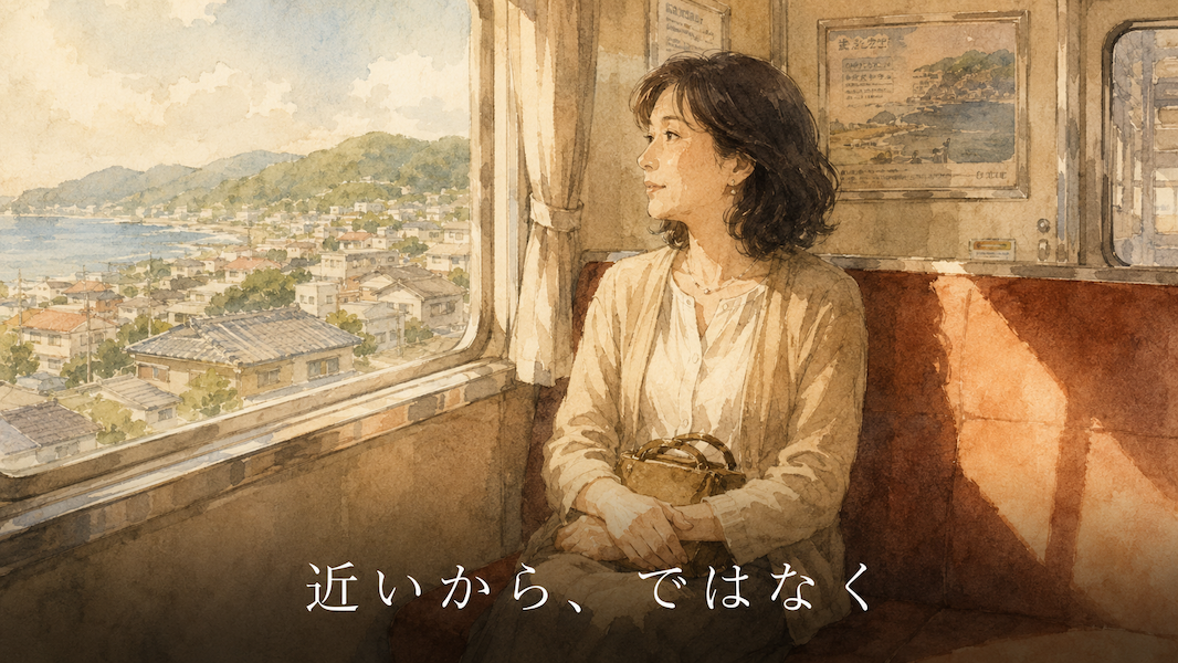 午後の電車の窓際に座り、小さな鞄を膝にのせて流れる街並みを眺めている女性の水彩アニメ風イラスト。窓からの暖かい光が隣の座席に落ち、下部中央に「近いから、ではなく」の白いテキスト。