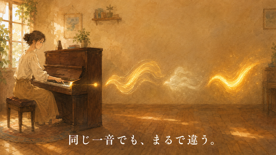 暖かな光の部屋で、女性が一本の指で一つの鍵盤だけを押す水彩アニメ風イラスト。同じ音から短い点、長い帯、淡い光、力強い光と異なる形の黄金の音が広がり、その間に静けさの余白がある。下部中央に「同じ一音でも、まるで違う。」の白いテキスト。