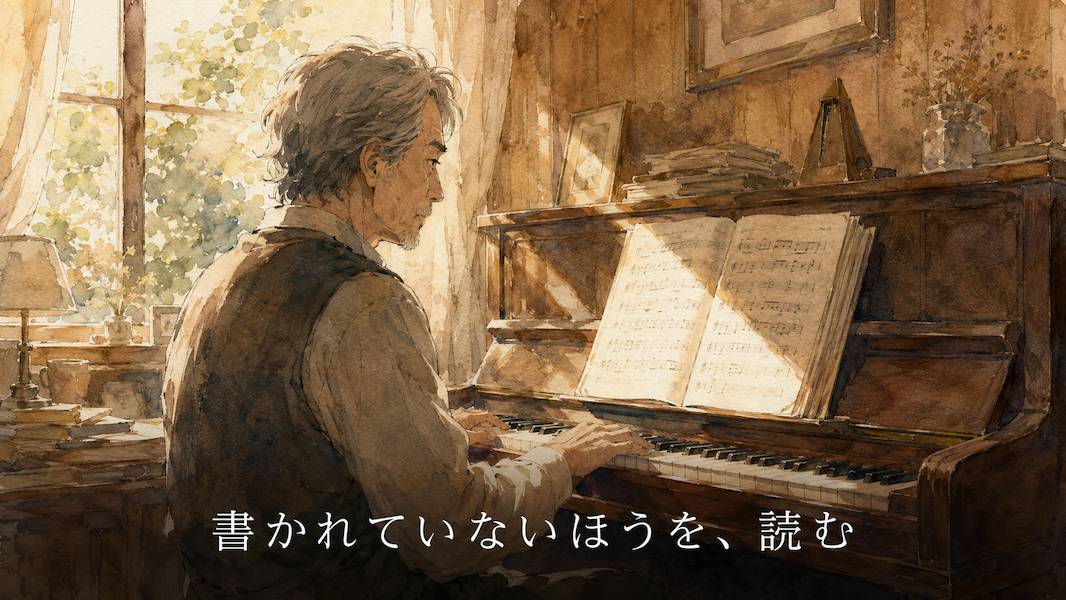 木の温もりのある部屋でアップライトピアノに向かい、譜面台に開かれた楽譜をじっと見つめている男性の水彩アニメ風イラスト。手は鍵盤に置かれているがまだ弾いておらず、下部中央に「書かれていないほうを、読む」の白いテキスト。