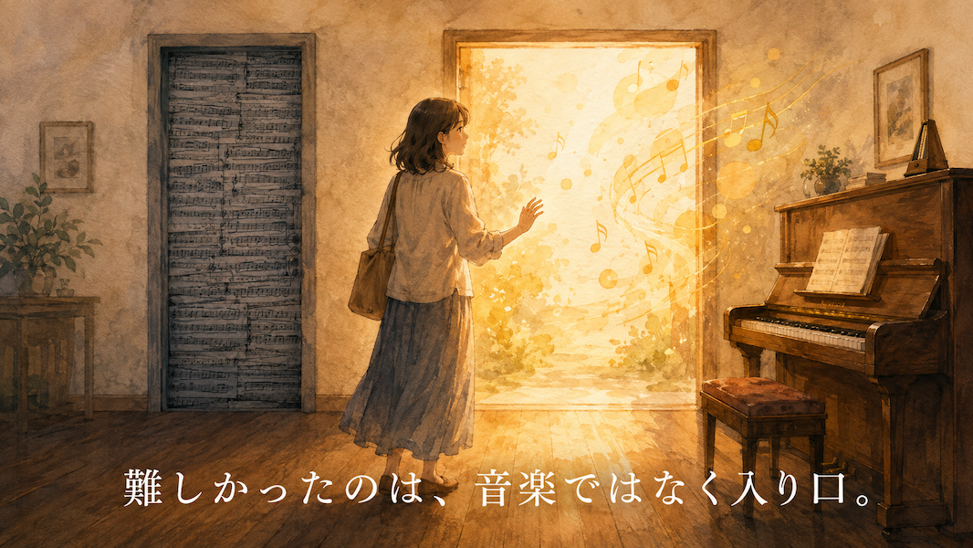 暖かな部屋に二つの扉が並び、灰色の楽譜の線で塞がれた狭い扉から離れ、黄金の光があふれる広い扉へ向き直る女性を描いた水彩アニメ風イラスト。下部中央に「難しかったのは、音楽ではなく入り口。」の白いテキスト。