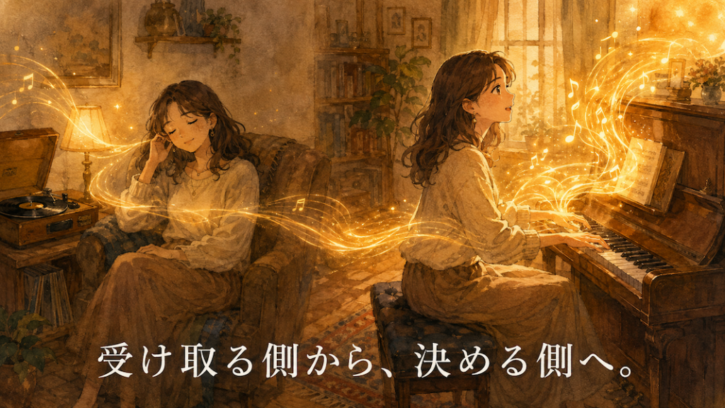 暖かな光の部屋で、左側では女性が椅子に座り音楽を聴き、右側では同じ女性がピアノに手を置いて自ら音を放つ様子を描いた水彩アニメ風イラスト。二つの場面が黄金の光の帯でつながっている。下部中央に「受け取る側から、決める側へ。」の白いテキスト。
