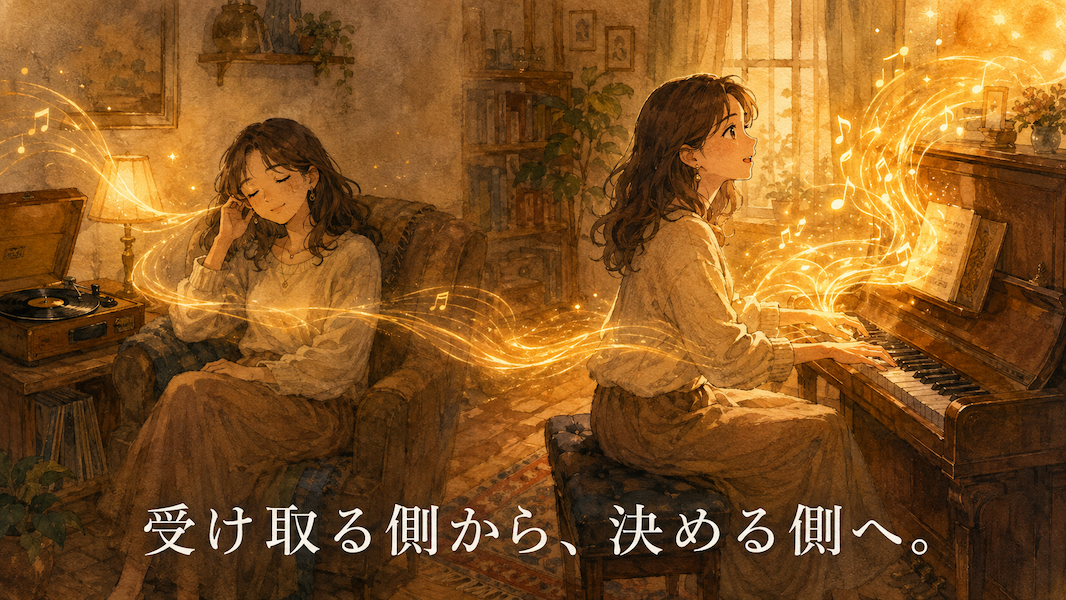 暖かな光の部屋で、左側では女性が椅子に座り音楽を聴き、右側では同じ女性がピアノに手を置いて自ら音を放つ様子を描いた水彩アニメ風イラスト。二つの場面が黄金の光の帯でつながっている。下部中央に「受け取る側から、決める側へ。」の白いテキスト。