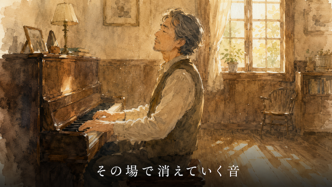 木の温もりのある部屋でアップライトピアノに向かい、今出した音が消えていくのを目を閉じて聴いている男性の水彩アニメ風イラスト。午後の光が床に広がり、下部中央に「その場で消えていく音」の白いテキスト。