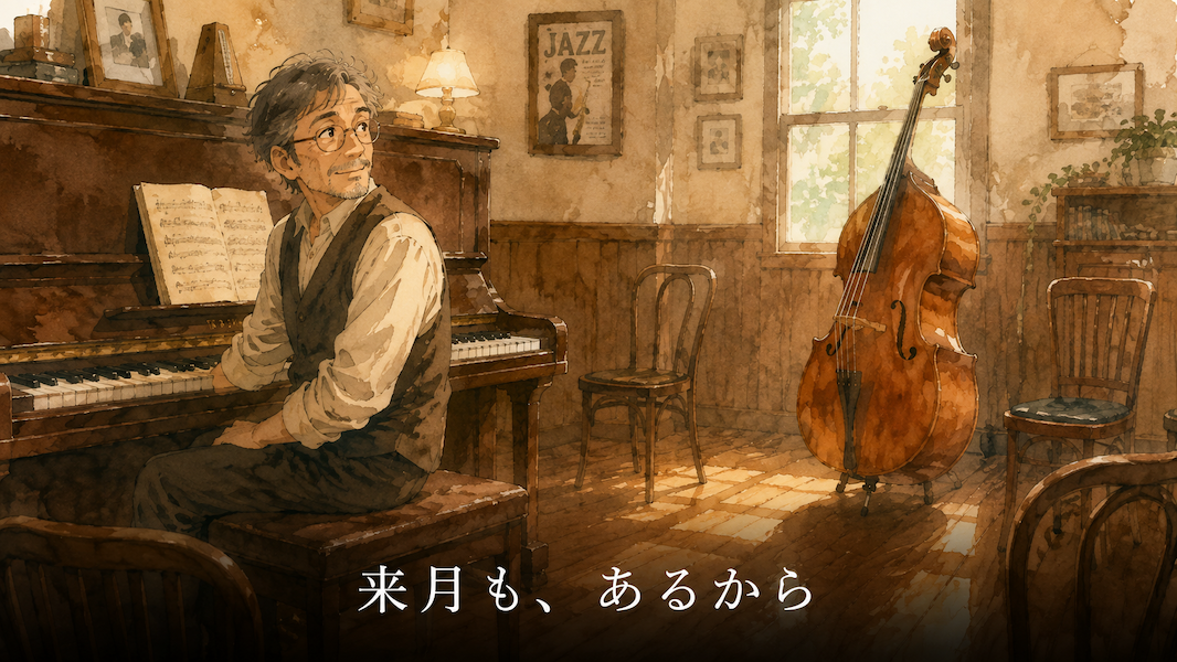 木の温もりのある部屋でアップライトピアノに向かい、そばに立てられたコントラバスのほうへ顔を向けている男性の水彩アニメ風イラスト。周囲には椅子がゆるやかに並べられ、下部中央に「来月も、あるから」の白いテキスト。