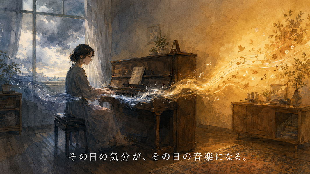 窓の外を雲が流れ、部屋の光が青みから暖色へと移り変わる中、女性が静かな表情でピアノを弾く水彩アニメ風イラスト。手から伸びる黄金の帯も重く冷たい色から軽く暖かい色へと変化していく。下部中央に「その日の気分が、その日の音楽になる。」の白いテキスト。
