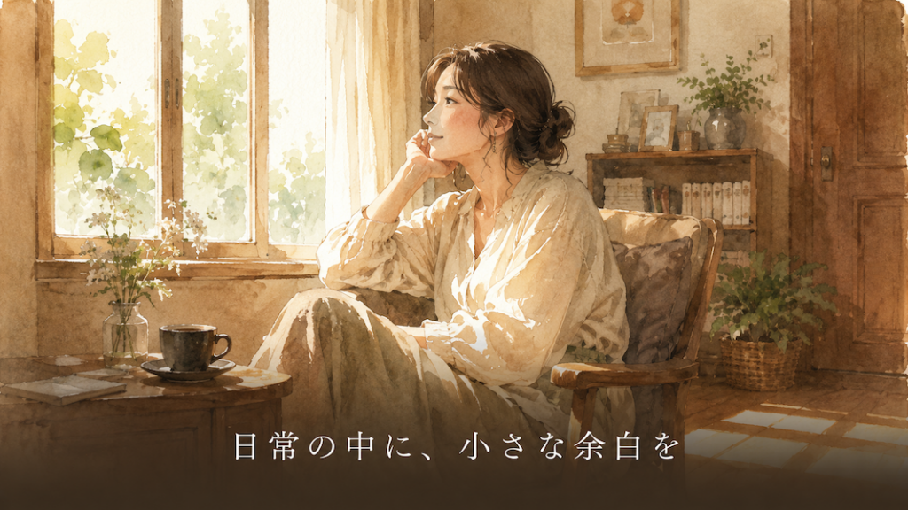 窓辺から差し込む柔らかな光の中で、コーヒーカップの横でくつろぐ大人の女性の姿。「日常の中に、小さな余白を」