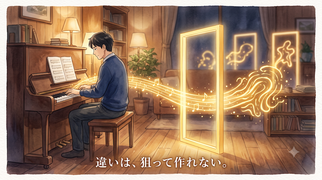 暖かな光の部屋で、男性がありふれた楽譜に真剣に取り組み、その音が共通の門をくぐった先で指紋のような不規則で個性的な光の形になる水彩アニメ風イラスト。背景には別の形を生む同じ門が並ぶ。下部中央に「違いは、狙って作れない。」の白いテキスト。