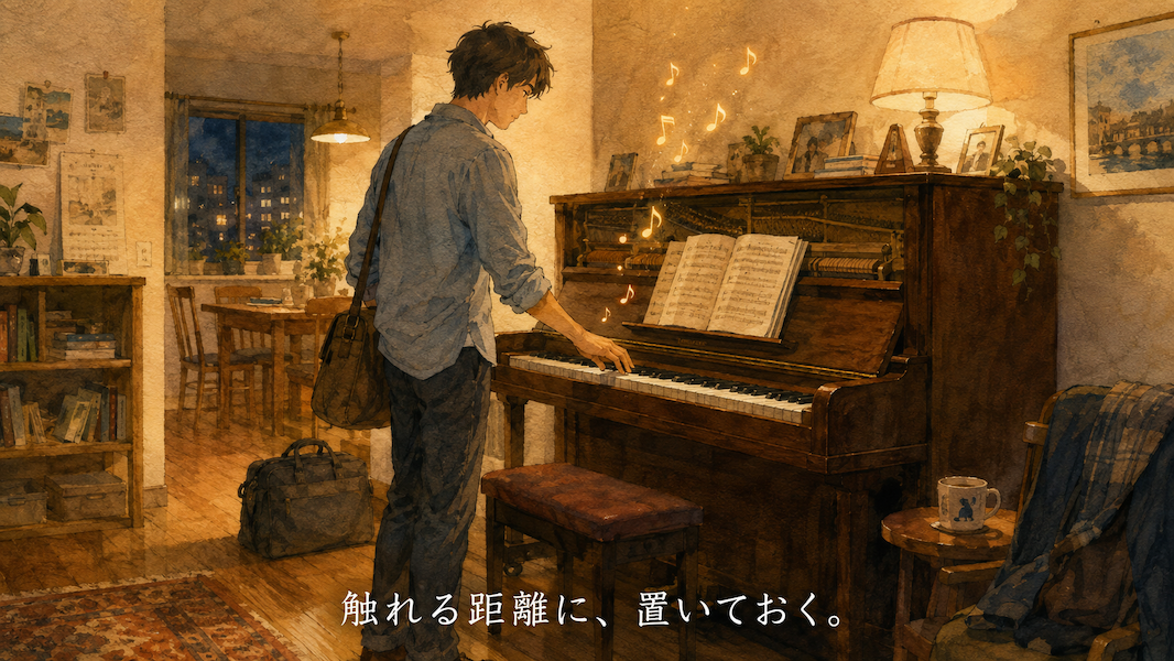 夜の暖かなリビングで、蓋も楽譜も開いたままのピアノに、帰宅したばかりの男性が通りすがりに片手で鍵盤へ触れる水彩アニメ風イラスト。控えめな黄金の音符が立ちのぼり、下部中央に「触れる距離に、置いておく。」の白いテキスト。