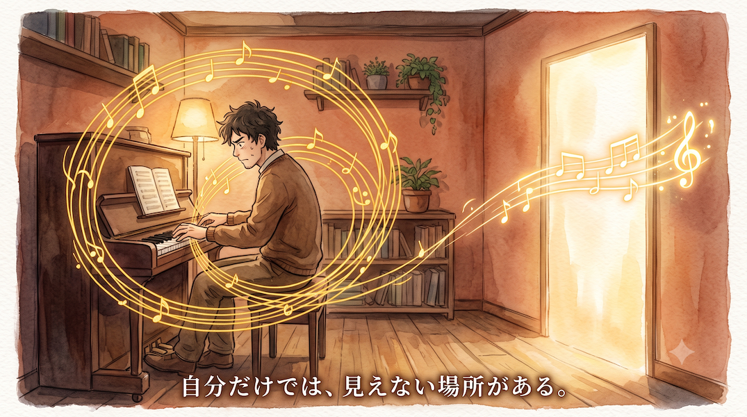 暖かな光の部屋で、男性が一人でピアノを弾き、その音が閉じた輪を描いて自分の周りを巡る水彩アニメ風イラスト。右手には柔らかな光の面があり、そこを通り抜けた音の筋だけが明るく形を変えている。下部中央に「自分だけでは、見えない場所がある。」の白いテキスト。