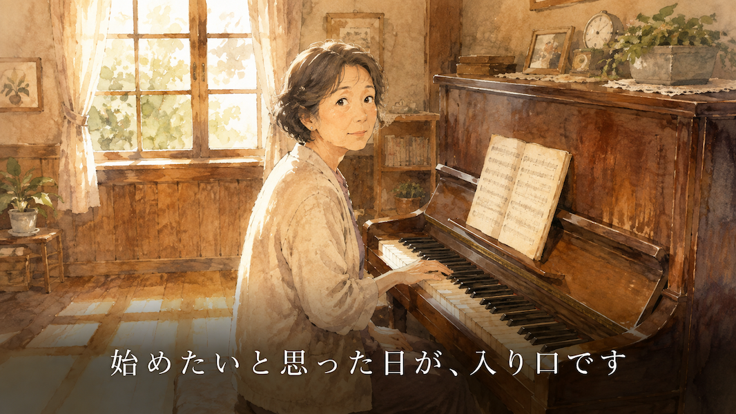 木の温もりのある部屋で、50代後半の女性がアップライトピアノの前に座り、片手をそっと鍵盤に置いている。初めて楽器に触れるような、落ち着いた表情。窓からの光が床に落ちている。画面下部中央に「始めたいと思った日が、入り口です」という白い文字。