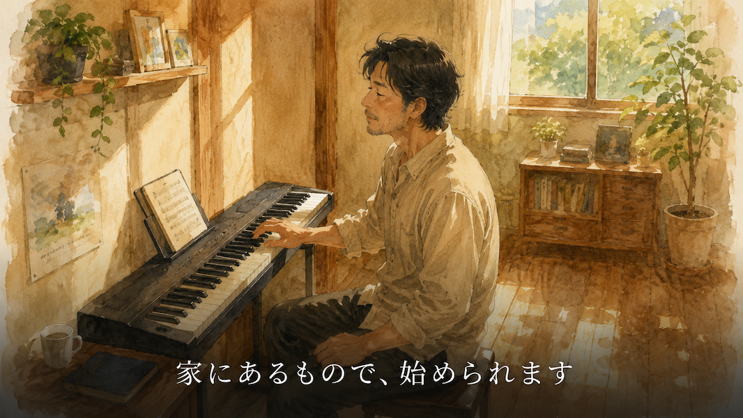木の温もりのある部屋の一角に置かれた薄型の電子ピアノに向かい、片手を鍵盤に置いて、今出した音を静かに聴いている40代の男性。窓からの光が床に落ちている。画面下部中央に「家にあるもので、始められます」という白い文字。