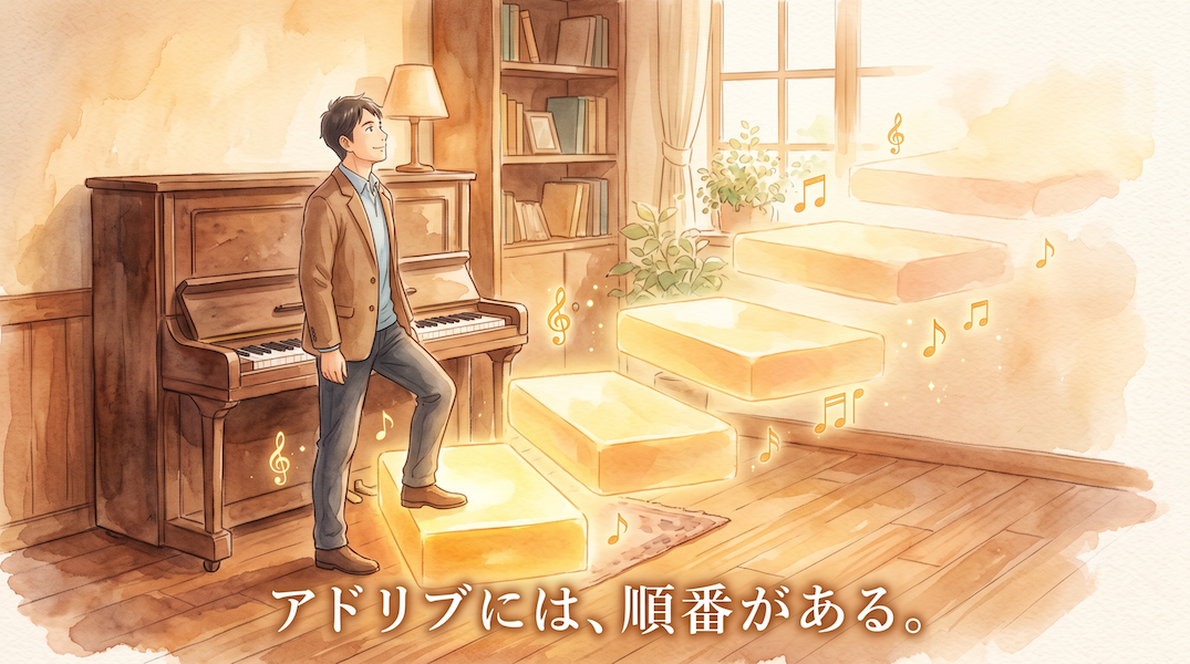 暖かな光の部屋で、ピアノから四段の黄金の階段が立ちのぼり、男性が最初の一段に足をかけて上を見上げる水彩アニメ風イラスト。下部中央に「アドリブには、順番がある。」の白いテキスト。