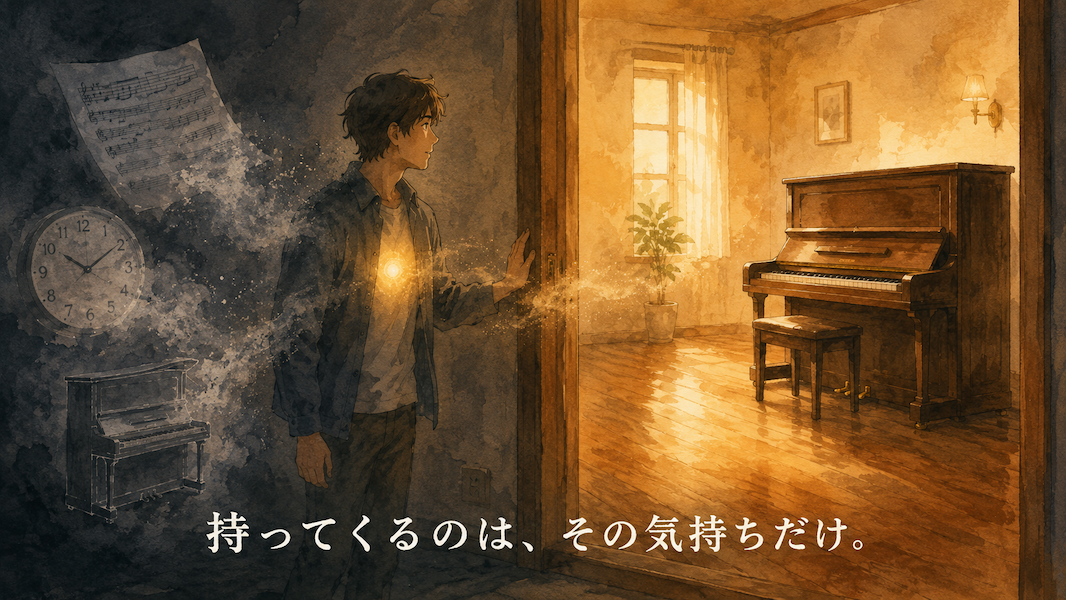 暖かな光に満ちた部屋の入口に、手ぶらの男性が立ちすくむ水彩アニメ風イラスト。周囲に漂う楽譜や時計などの灰色の影が霧となって消え、彼の胸元だけに小さな金色の光が灯っている。下部中央に「持ってくるのは、その気持ちだけ。」の白いテキスト。