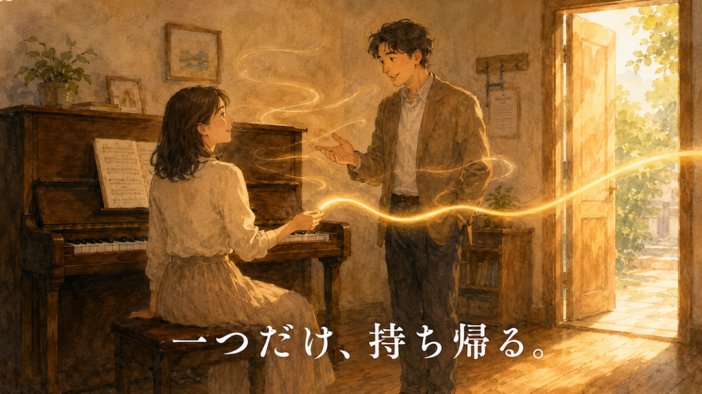暖かな光の部屋で、ピアノの前の女性に講師が穏やかに語りかける水彩アニメ風イラスト。複数の黄金の光の筋が漂う中、女性が手にした一本だけが明るく輝き、外へ続く扉のほうへ伸びている。下部中央に「一つだけ、持ち帰る。」の白いテキスト。