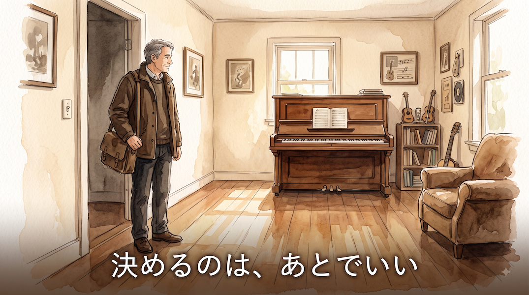 木の温もりのある部屋の入り口に、上着を着たままの男性が立ち、部屋の奥のアップライトピアノを見つめている水彩アニメ風イラスト。窓からの柔らかな光が男性とピアノの間の床に落ち、下部中央に「決めるのは、あとでいい」の白いテキスト。